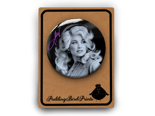 Dolly Parton Autograph Badge Button Pin